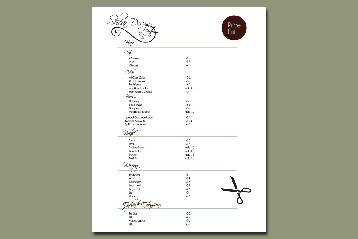 Shear Design Price List